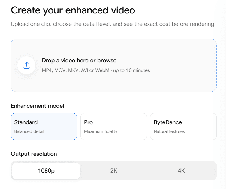 Video2X upload, enhancement model, and output resolution controls