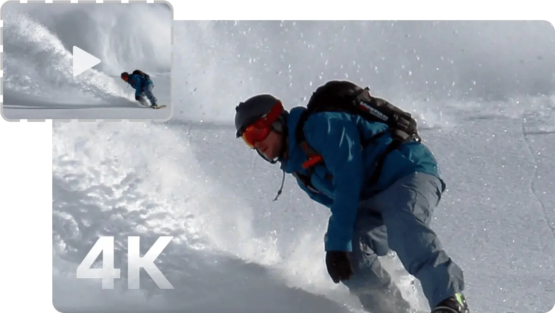 Snowboard footage shown with a sharp 4K inset preview