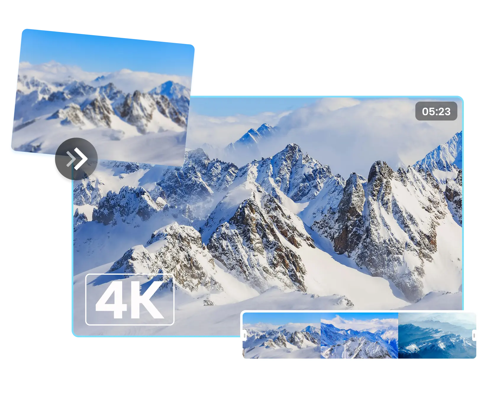Layered 4K comparison of a snowy mountain video with landscape frames and playback controls
