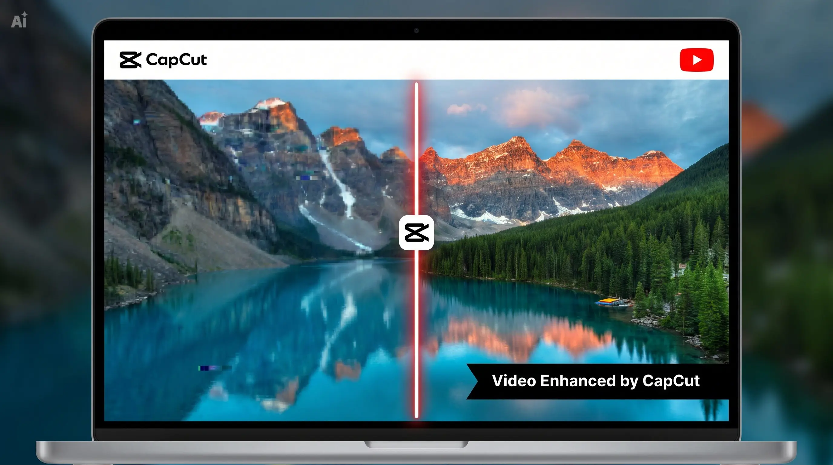 Landscape video divided by a vertical line to compare original and enhanced detail