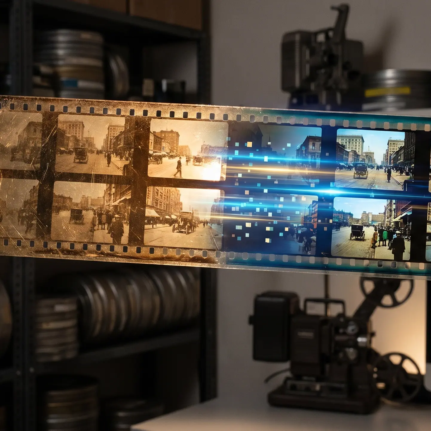 Film strip transitioning from aged monochrome footage to restored colour footage