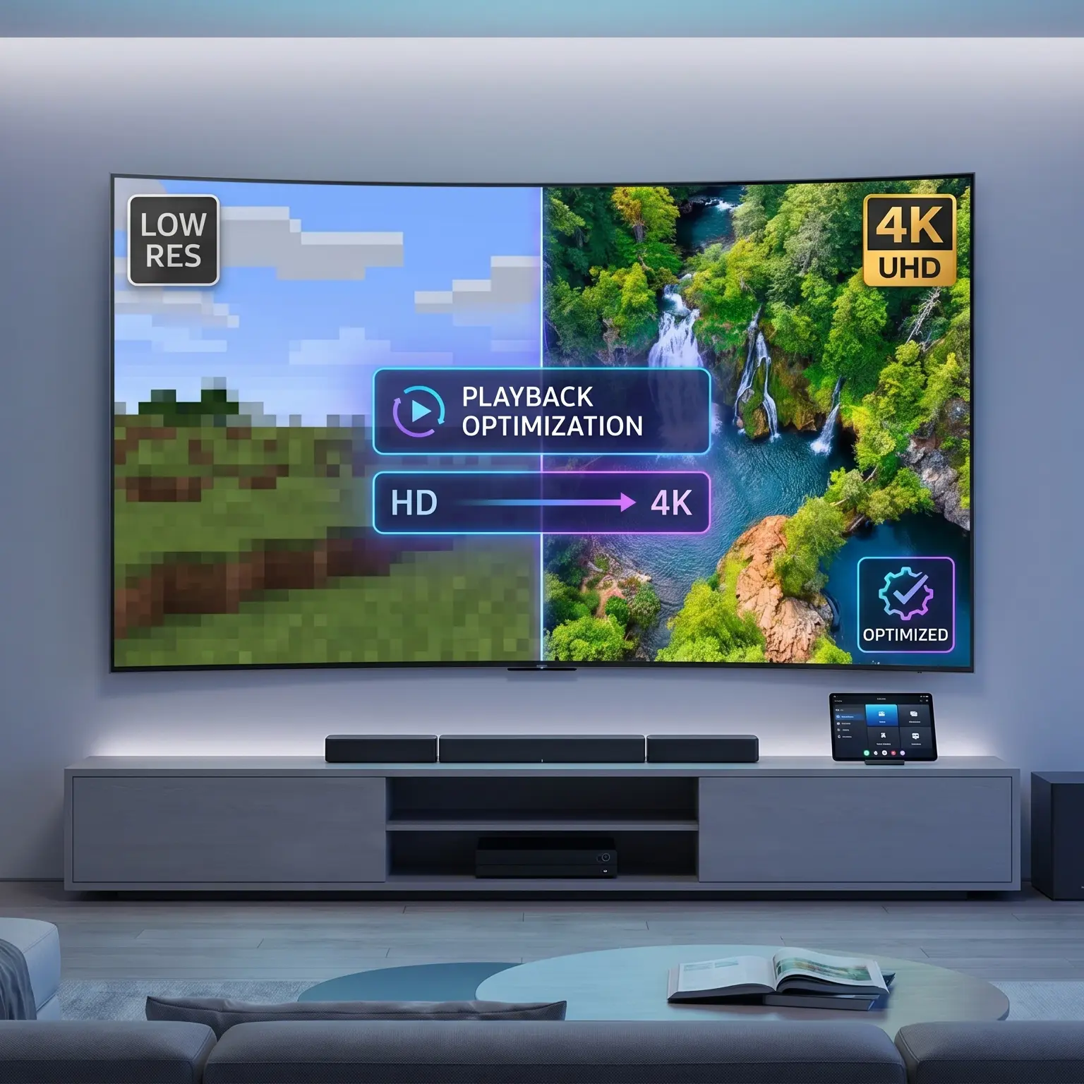 Television comparison between pixelated footage and a sharp 4K image