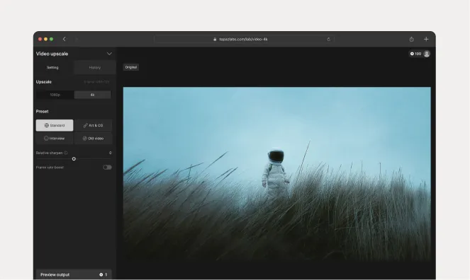 Video upscaling interface with resolution controls and preview