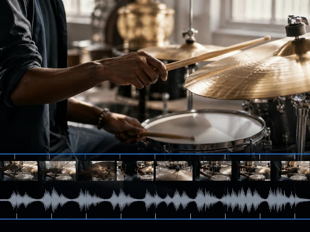 Drummer video timeline with synchronized film frames and audio waveform