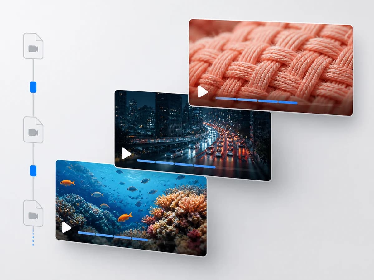 Queue of multiple video scenes connected by batch processing progress controls