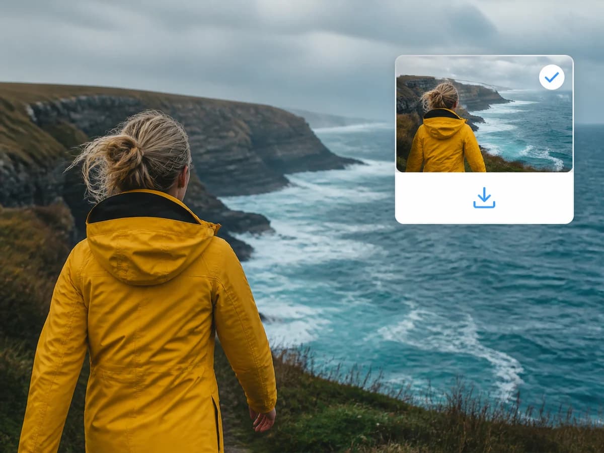 Clean coastal video export with a completed download control and no watermark